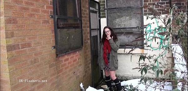  Sexy amateur flasher Beaus outdoor striptease and voyeur exhibitionism of winter